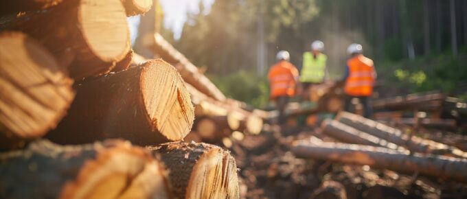 wood logs stacked in a forest with workers in safety gear discussing timber operations during a sunny day