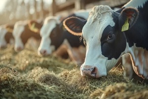 cows eating grass in a farm