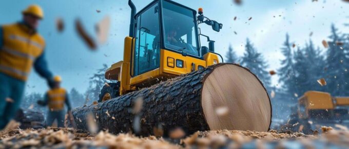 heavy machinery moving logs in a forest during winter