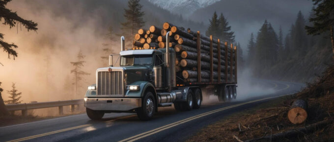 log truck transports timber along winding mountain road at dawn