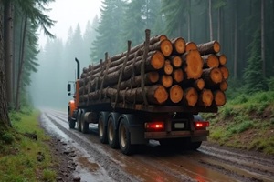 logging truck transporting timber through forest on muddy road