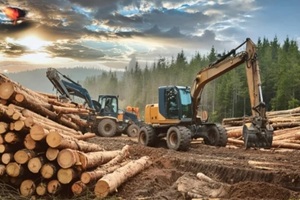 two big machines working in log fields