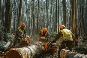 dedicated forest workers meticulously logging eucalyptus trees in the tranquil woodlands during a crisp autumn day