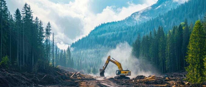 excavator clearing forest in mountains