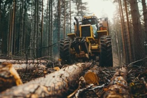 large yellow tractor is driving through a forest, cutting down trees