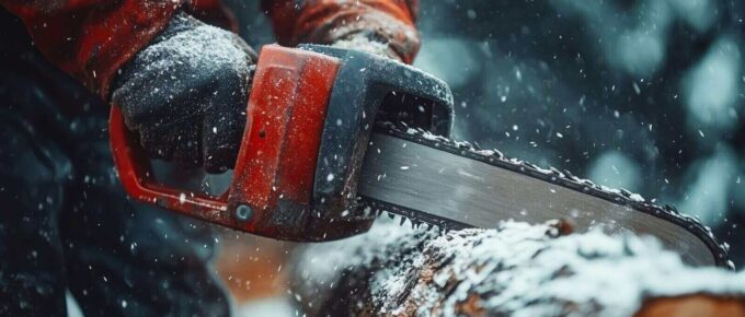 lumberjack cutting snowy log with chainsaw in winter forest