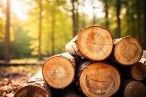 stack of freshly cutted trees in a forest, deforestation concept