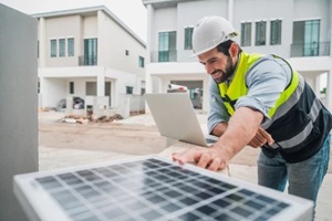 male engineer using laptop to inspect solar panels before installation at housing estate construction site