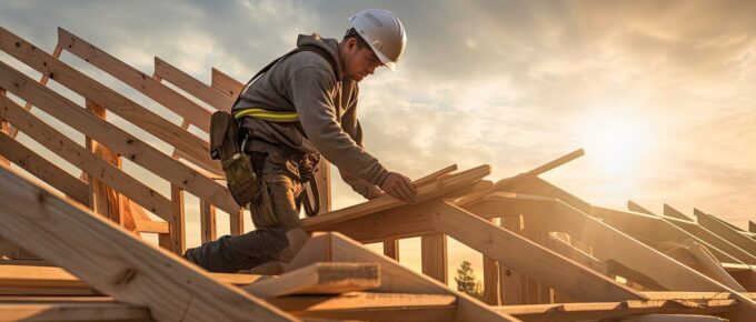 roof worker or carpenter building a wood structure house construction