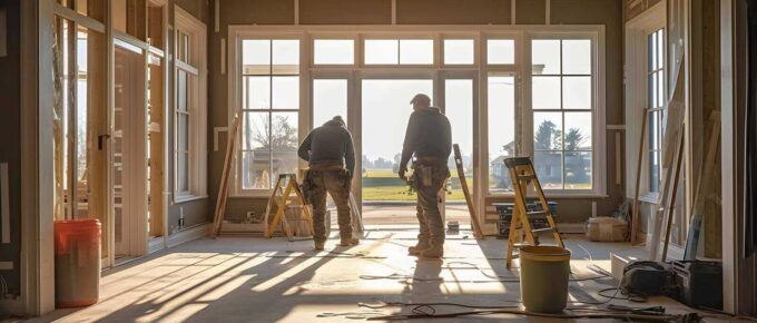 workers installing doors and windows in a new house ai generated art