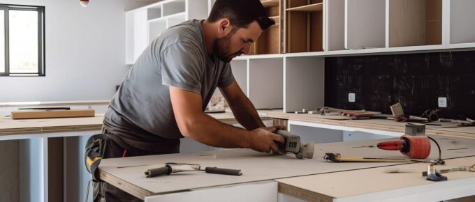 carpenter installing modern kitchen furniture