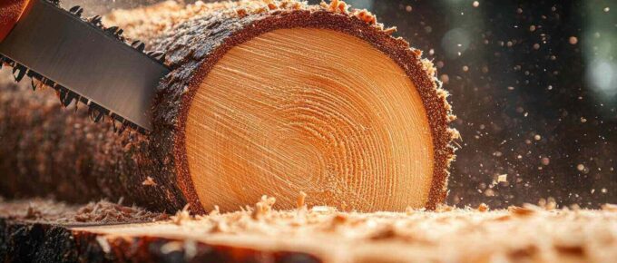 chainsaw cutting log outdoors, sawdust flying, forest background, lumberjack work