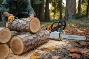man cutting wood logs with a cutter