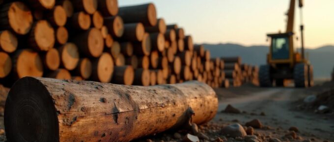 single log rests on the ground near a large pile of timber logs and a heavy-duty earth mover at sunset
