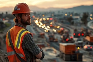 worker looks into the distance at the construction of a road