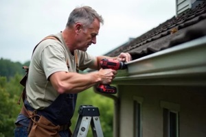 black man on a ladder installing aluminum gutters on the edge of a house roof