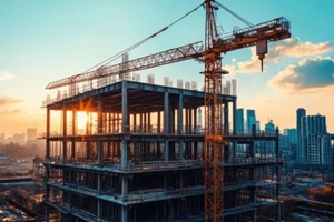 construction site with crane building modern skyscraper at sunset