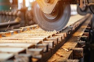 machine in a sawmill cutting wood