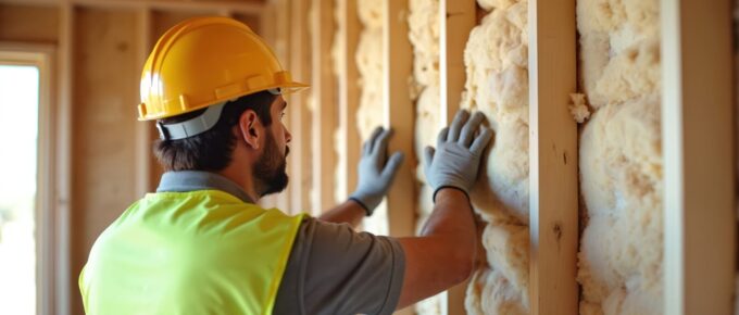 construction worker installs insulation in new home during daylight hours