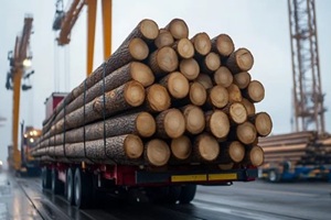 loaded timber truck at an industrial site