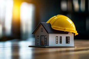small, detailed model house sits on a wooden desk, carefully covered by a bright yellow hard hat