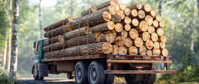 truck transporting logs on a forest road surrounded by trees in bright daylight