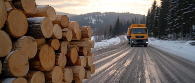wood logs piled high beside a snowy road as a truck drives past