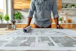 man examining blueprints on wooden table