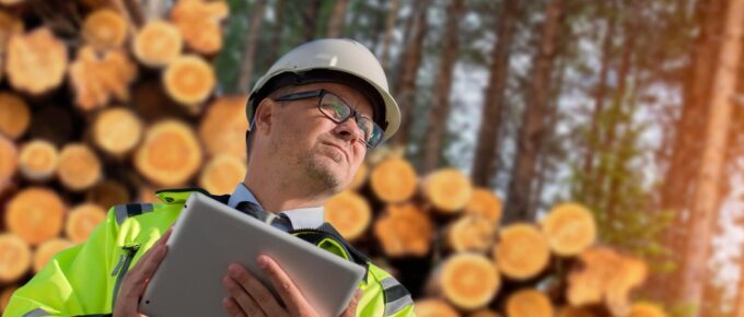 forestry worker with digital tablet checking trees