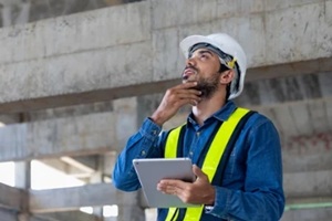 engineer in full safety gear is inspecting the crack and leaking spot inside the building structure