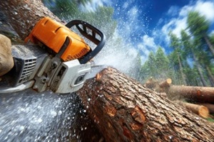 arborist cutting a wood log in the forest