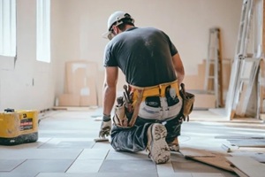 construction worker installing tile flooring in a new home