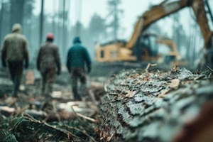 industrial logging operation in a forest with men working in the background
