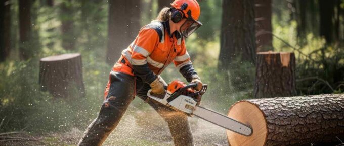 professional lumberjack skillfully felling trees with precision and safety gear amidst the