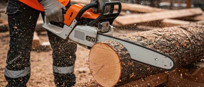 worker cutting a large log with a chainsaw, with sawdust flying and safety gear visible - forestry Insurance