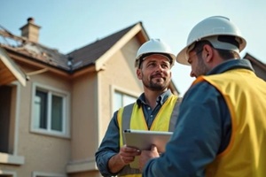agent with builder use tablet to assess house damage, destroyed roof