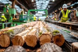 logs entering wood processing machine in lumber mill with technician working