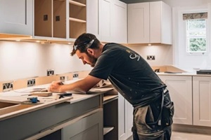 worker or carpenter installing new modern kitchen