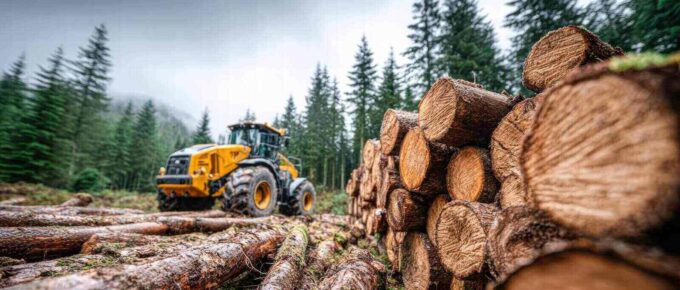 yellow tractor in a misty forest surrounded by logs, ready for harvesting