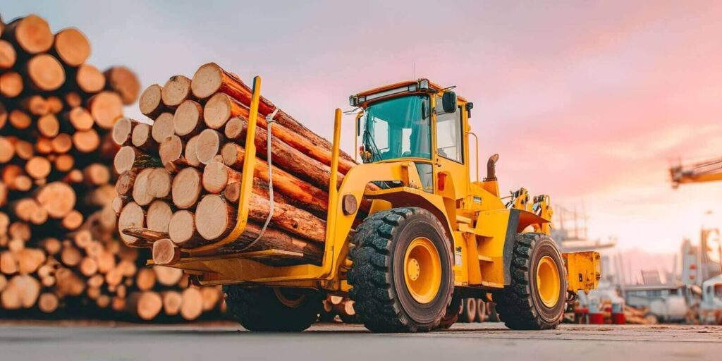 yellow truck is pulling logs from a pile - Forestry Insurance