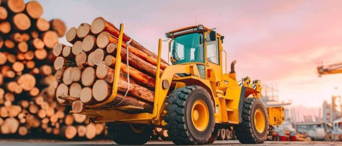 yellow truck is pulling logs from a pile - Forestry Insurance