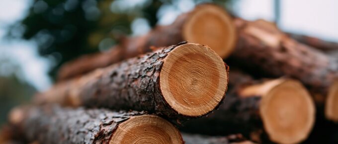 closeup of stacked log ends in outdoor lumber pile