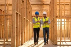 construction professionals review plans within a newly framed wooden house