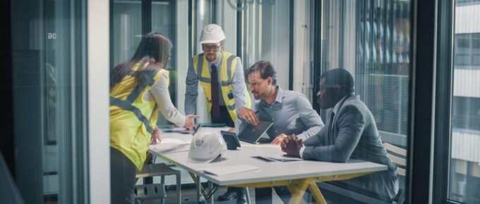 executives and construction consultants meet in a glass office to review blueprints