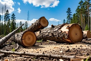 felled tree logs lie on forest ground with cut sawdust