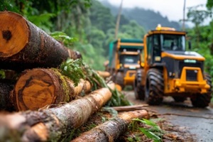 logging machinery cutting trees tropical, forest industrial operations