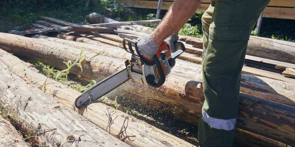 man saws a log with a chainsaw