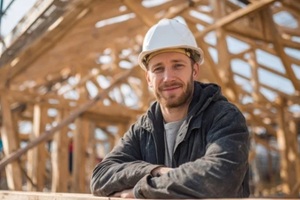 smiling construction worker leans on wood beams at a house building site