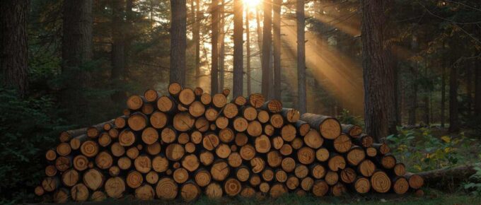 sunset scene with freshly cut tree logs stacked in the forest, showcasing pine logs ready for transport