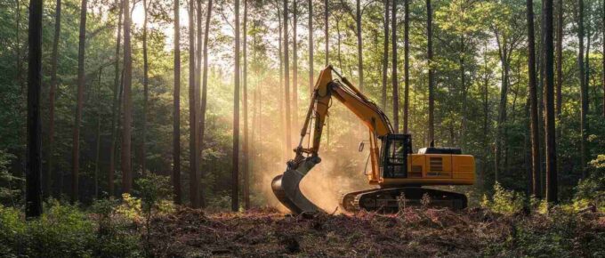 yellow excavator working in a forest clearing with sunlight shining through the trees